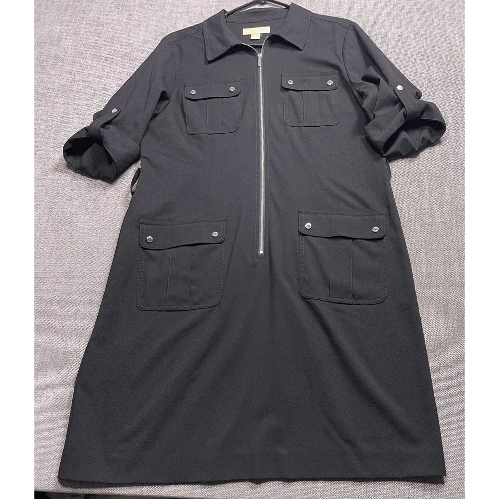 Michael Kors Utility Dress Womens XL Black Stretch Roll Tab Sleeve Half Zip